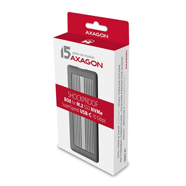 AXAGON EEM2-XS, USB-C 3.2 Gen 2 - M.2 NVMe SSD kovový SHOCKPROOF box s dvěma chladiči - obrázek č. 9