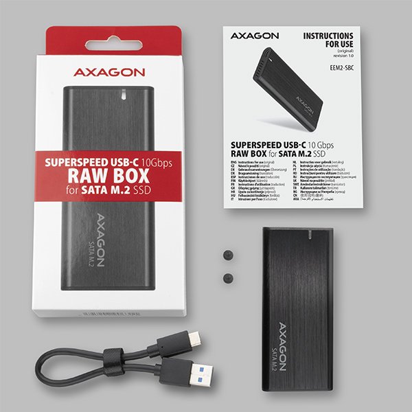 AXAGON EEM2-SBC, USB-C 3.2 Gen 2 - M.2 SATA SSD kovový RAW box, bezšroubkový - obrázek č. 2