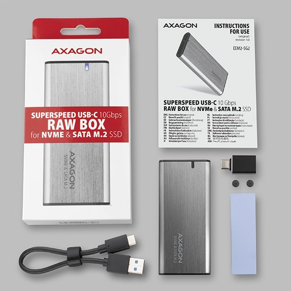 AXAGON EEM2-SG2, USB-C 3.2 Gen 2 - M.2 NVMe & SATA SSD kovový RAW box, bezšroubkový, stříbrný - obrázek č. 2