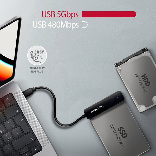 AXAGON ADSA-FP2C USB-C 5Gbps - SATA 6G 2.5" SSD/ HDD SLIM adaptér - obrázek č. 2