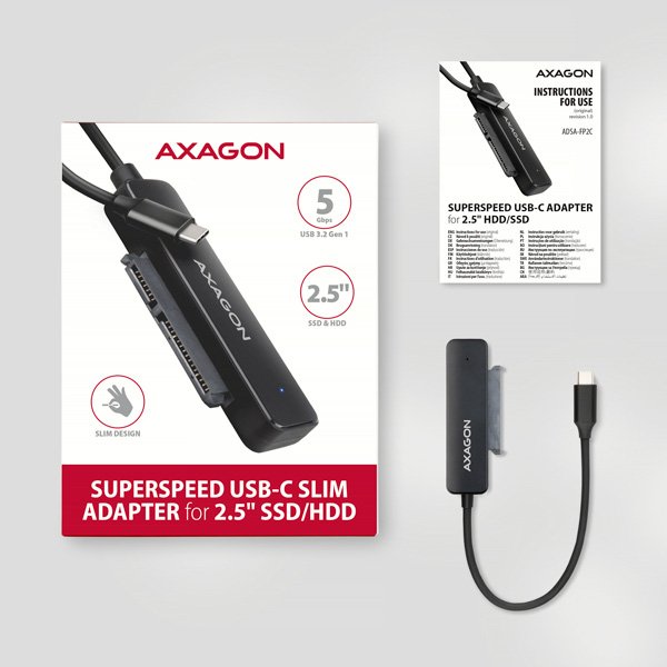 AXAGON ADSA-FP2C USB-C 5Gbps - SATA 6G 2.5" SSD/ HDD SLIM adaptér - obrázek č. 5
