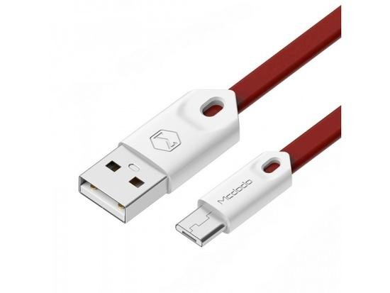 MicroUSB nabíjecí, datový kabel 25cm červený, plochý - obrázek produktu