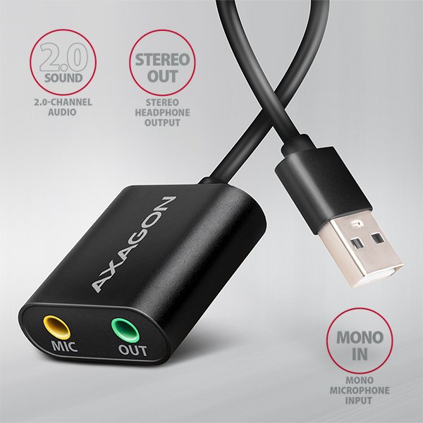 AXAGON ADA-12, USB 2.0 - externí zvuková karta, 48kHz/ 16-bit stereo, kovová, kabel USB-A 15 cm - obrázek č. 1