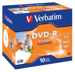 VERBATIM DVD-R (10-pack)Printable/ 16x/ 4.7GB/ Jewel  (43521)