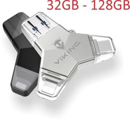 VIKING USB FLASH DISK 3.0 4v1 64GB, S KONCOVKOU APPLE LIGHTNING, USB-C, MICRO USB, USB3.0, černá  (VUFII64B)