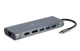 Gembird USB-C 8v1 multiport USB 3.0 + HDMI + DisplayPort + VGA + PD + čtečka karet + LAN + audio  (A-CM-COMBO8-01)