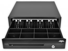 Pokladní zásuvka C420D - s kabelem, kovové držáky, 9-24V, černá  (EKN0115)