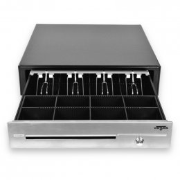 Pokladní zásuvka C430D - s kabelem, kovové držáky, nerez panel, 9-24V, černá  (EKN0116)