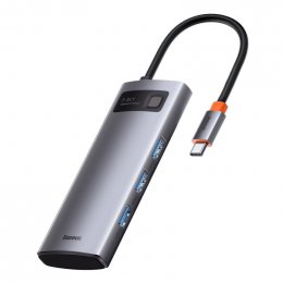 Baseus USB Hub Metal Gleam Series 5v1 (USB-C PD 100W, 3x USB 3.0, HDMI) šedý  (6932172602628)