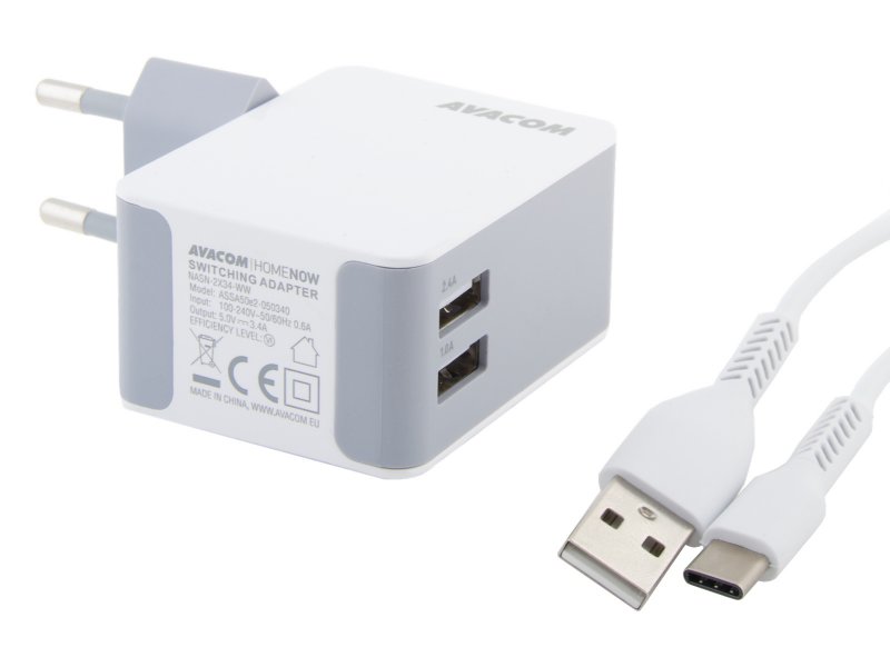 AVACOM HomeNOW síťová nabíječka 3,4A se dvěma výstupy, bílá barva (USB-C kabel) - obrázek produktu