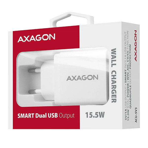AXAGON ACU-5V3, SMART nabíječka do sítě, 2x port 5V-2.1A + 1A, 15.5W - obrázek č. 9