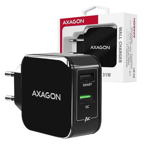 AXAGON ACU-QC5, QUICK a SMART nabíječka do sítě, 2x port QC3.0/ AFC/ FCP + 5V-2.6A, 31W - obrázek produktu