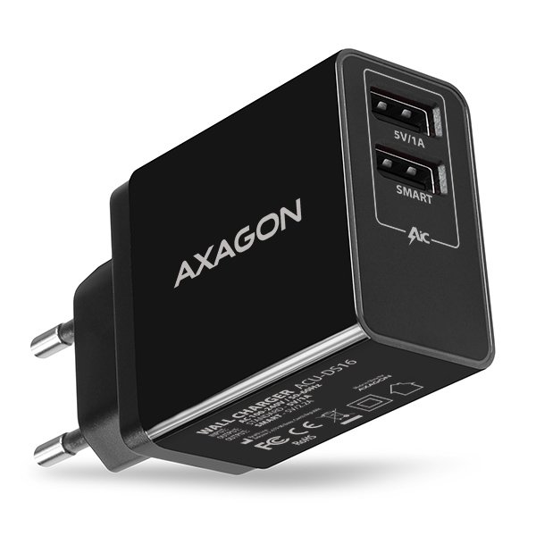 AXAGON ACU-DS16, SMART nabíječka do sítě 16W, 2x USB-A port, 5V/ 2.2A + 5V/ 1A - obrázek č. 1