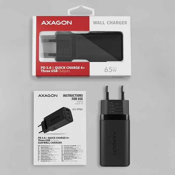 AXAGON ACU-DPQ65, GaN nabíječka do sítě 65W, 3x port (USB-A + dual USB-C), PD3.0/ QC4+/ PPS/ Apple - obrázek č. 5