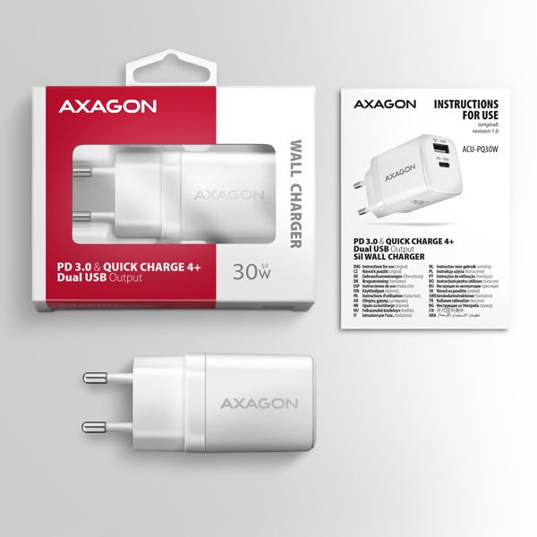 AXAGON ACU-PQ30W Sil nabíječka do sítě 30W, 2x port (USB-A + USB-C), PD3.0/ PPS/ QC4+/ SFC/ AFC/ Apple - obrázek č. 8