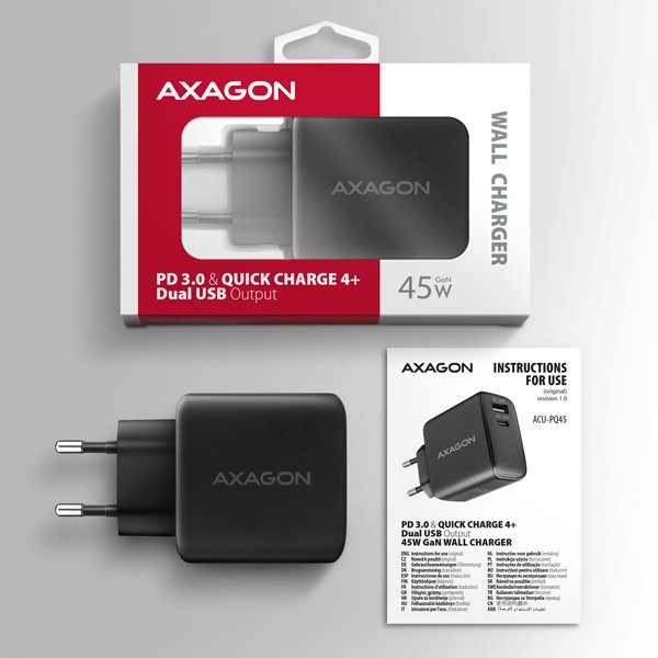 AXAGON ACU-PQ45 GaN nabíječka do sítě 45W, 2x port (USB-A + USB-C), PD3.0/ PPS/ QC4+/ SFC 2.0/ AFC/ Apple - obrázek č. 8