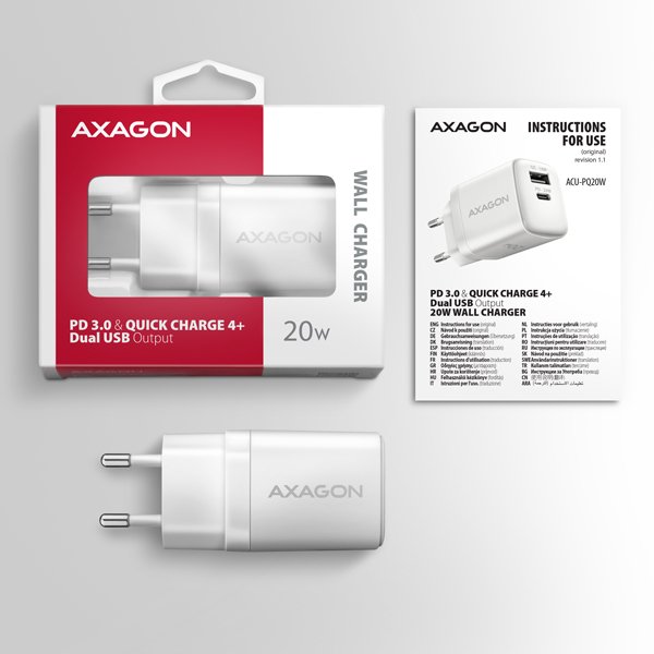 AXAGON ACU-PQ20W nabíječka do sítě 20W, 2x port (USB-A + USB-C), PD3.0/ PPS/ QC4+/ AFC/ Apple, bílá - obrázek č. 8