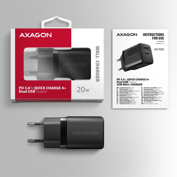 AXAGON ACU-PQ20 nabíječka do sítě 20W, 2x port (USB-A + USB-C), PD3.0/ PPS/ QC4+/ AFC/ Apple, černá - obrázek č. 8