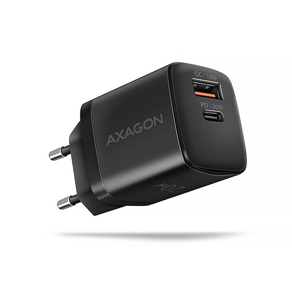 AXAGON ACU-PQ20 nabíječka do sítě 20W, 2x port (USB-A + USB-C), PD3.0/ PPS/ QC4+/ AFC/ Apple, černá - obrázek produktu