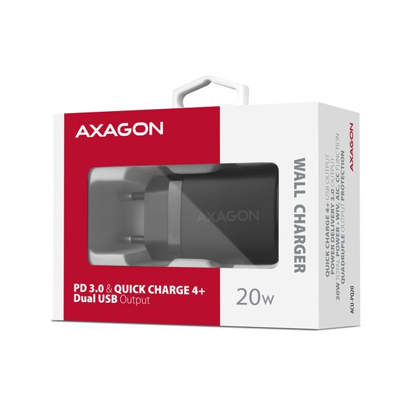AXAGON ACU-PQ20 nabíječka do sítě 20W, 2x port (USB-A + USB-C), PD3.0/ PPS/ QC4+/ AFC/ Apple, černá - obrázek č. 9