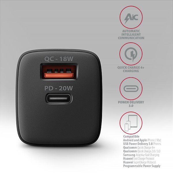 AXAGON ACU-PQ20 nabíječka do sítě 20W, 2x port (USB-A + USB-C), PD3.0/ PPS/ QC4+/ AFC/ Apple, černá - obrázek č. 3