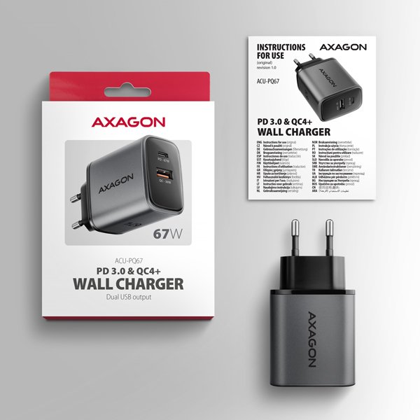 AXAGON ACU-PQ67 GaN nabíječka do sítě 67W, USB-A + USB-C, PD3.0 / PPS / QC4+ / SFC2.0 / Apple - obrázek č. 8