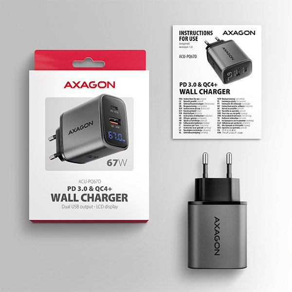 AXAGON ACU-PQ67D GaN nabíječka do sítě 67W, USB-A + USB-C, PD3.0 / PPS / QC4+ / SFC2.0 / Apple, LCD display - obrázek č. 2