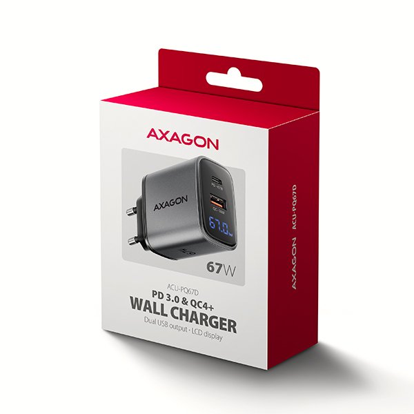 AXAGON ACU-PQ67D GaN nabíječka do sítě 67W, USB-A + USB-C, PD3.0 / PPS / QC4+ / SFC2.0 / Apple, LCD display - obrázek č. 3