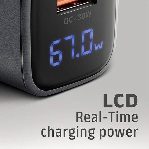 AXAGON ACU-PQ67D GaN nabíječka do sítě 67W, USB-A + USB-C, PD3.0 / PPS / QC4+ / SFC2.0 / Apple, LCD display - obrázek č. 4