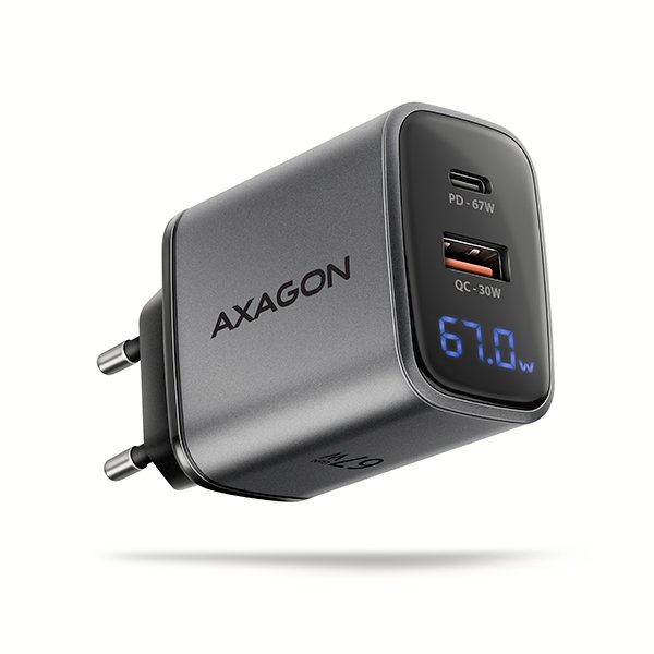 AXAGON ACU-PQ67D GaN nabíječka do sítě 67W, USB-A + USB-C, PD3.0 / PPS / QC4+ / SFC2.0 / Apple, LCD display - obrázek produktu