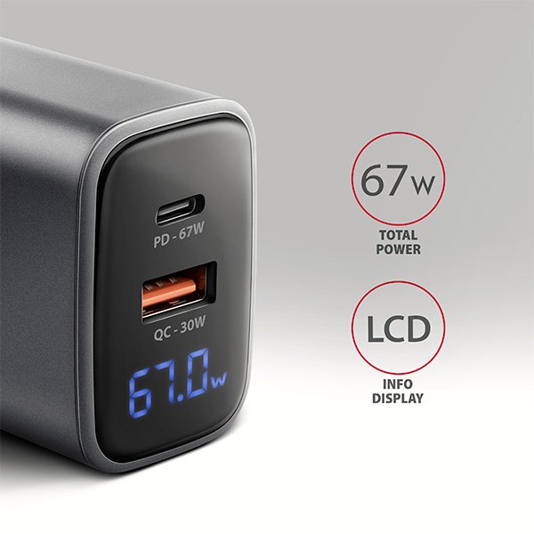 AXAGON ACU-PQ67D GaN nabíječka do sítě 67W, USB-A + USB-C, PD3.0 / PPS / QC4+ / SFC2.0 / Apple, LCD display - obrázek č. 1