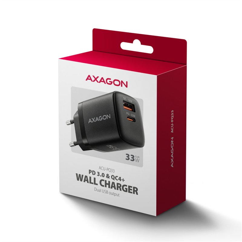 AXAGON ACU-PQ33, GaN nabíječka do sítě 33W, USB-A + USB-C, PD3.0 / PPS / QC4+ / SFC2.0 / Apple, černá - obrázek č. 3