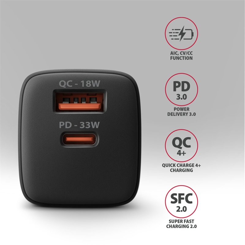 AXAGON ACU-PQ33, GaN nabíječka do sítě 33W, USB-A + USB-C, PD3.0 / PPS / QC4+ / SFC2.0 / Apple, černá - obrázek č. 5