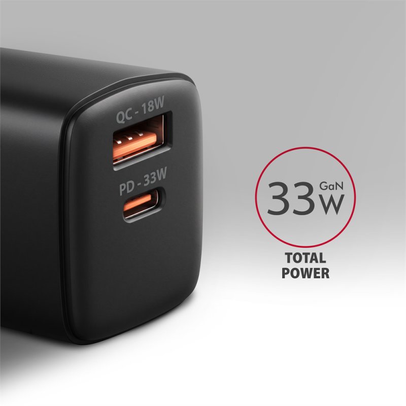 AXAGON ACU-PQ33, GaN nabíječka do sítě 33W, USB-A + USB-C, PD3.0 / PPS / QC4+ / SFC2.0 / Apple, černá - obrázek č. 1