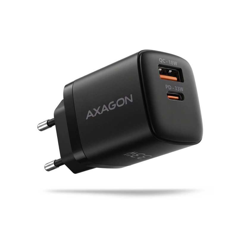 AXAGON ACU-PQ33, GaN nabíječka do sítě 33W, USB-A + USB-C, PD3.0 / PPS / QC4+ / SFC2.0 / Apple, černá - obrázek produktu