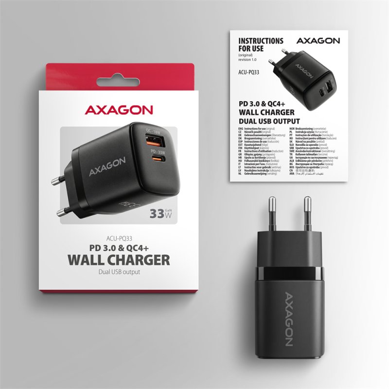 AXAGON ACU-PQ33, GaN nabíječka do sítě 33W, USB-A + USB-C, PD3.0 / PPS / QC4+ / SFC2.0 / Apple, černá - obrázek č. 2