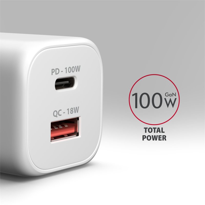 AXAGON ACU-PQ100W, GaN nabíječka do sítě 100W, USB-A + USB-C, PD3.0 / PPS / QC4+ / SFC2.0 / Apple, bílá - obrázek č. 1