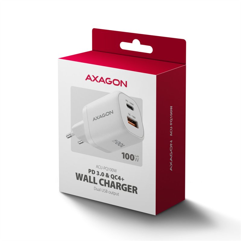 AXAGON ACU-PQ100W, GaN nabíječka do sítě 100W, USB-A + USB-C, PD3.0 / PPS / QC4+ / SFC2.0 / Apple, bílá - obrázek č. 4
