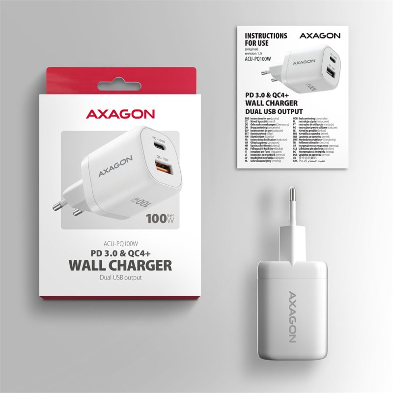 AXAGON ACU-PQ100W, GaN nabíječka do sítě 100W, USB-A + USB-C, PD3.0 / PPS / QC4+ / SFC2.0 / Apple, bílá - obrázek č. 3