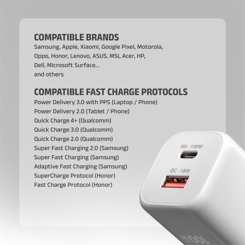 AXAGON ACU-PQ100W, GaN nabíječka do sítě 100W, USB-A + USB-C, PD3.0 / PPS / QC4+ / SFC2.0 / Apple, bílá - obrázek č. 7