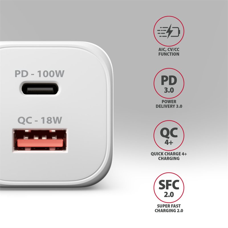 AXAGON ACU-PQ100W, GaN nabíječka do sítě 100W, USB-A + USB-C, PD3.0 / PPS / QC4+ / SFC2.0 / Apple, bílá - obrázek č. 6