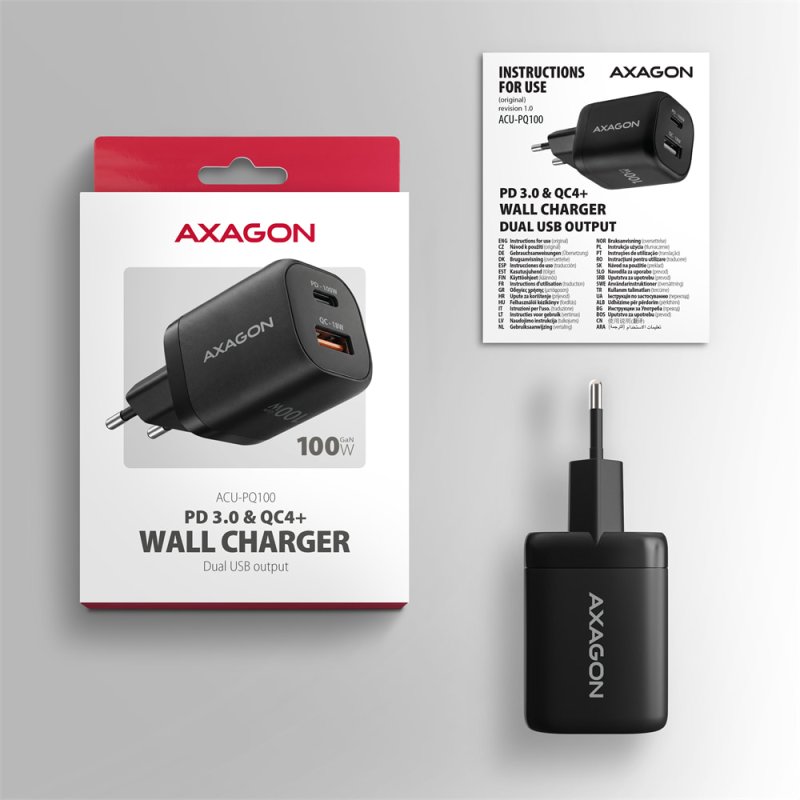 AXAGON ACU-PQ100, GaN nabíječka do sítě 100W, USB-A + USB-C, PD3.0 / PPS / QC4+ / SFC2.0 / Apple, černá - obrázek č. 3