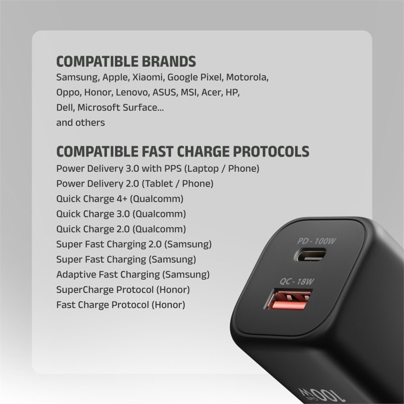 AXAGON ACU-PQ100, GaN nabíječka do sítě 100W, USB-A + USB-C, PD3.0 / PPS / QC4+ / SFC2.0 / Apple, černá - obrázek č. 7