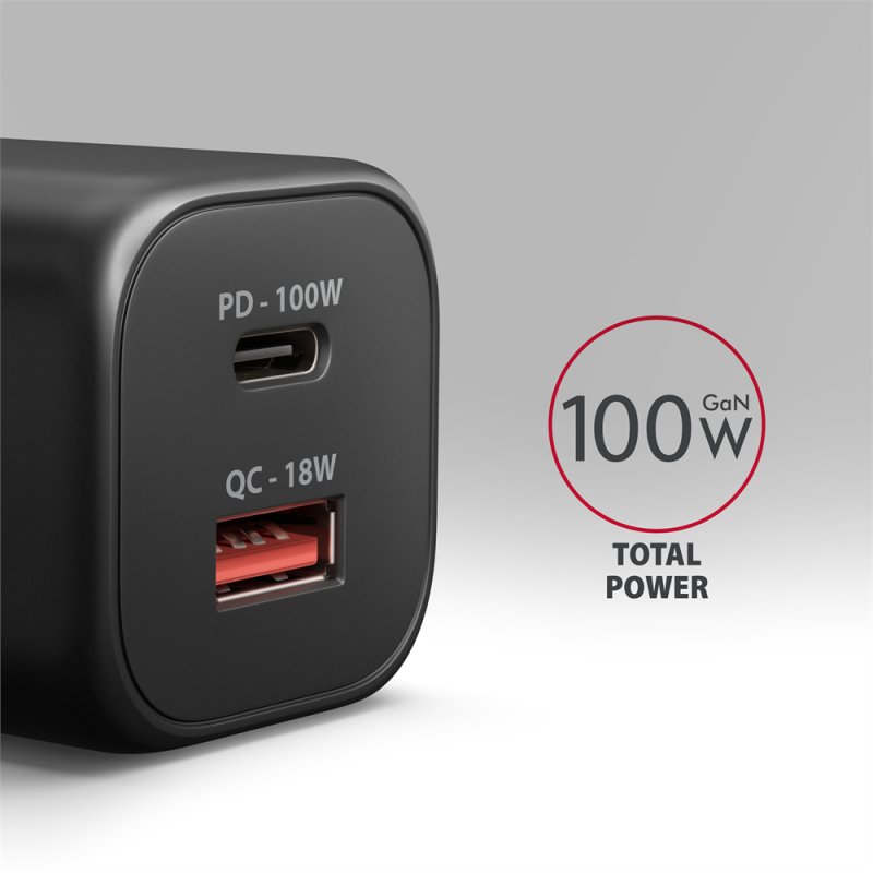 AXAGON ACU-PQ100, GaN nabíječka do sítě 100W, USB-A + USB-C, PD3.0 / PPS / QC4+ / SFC2.0 / Apple, černá - obrázek č. 1