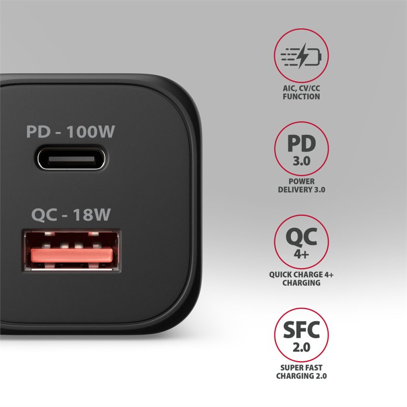 AXAGON ACU-PQ100, GaN nabíječka do sítě 100W, USB-A + USB-C, PD3.0 / PPS / QC4+ / SFC2.0 / Apple, černá - obrázek č. 6