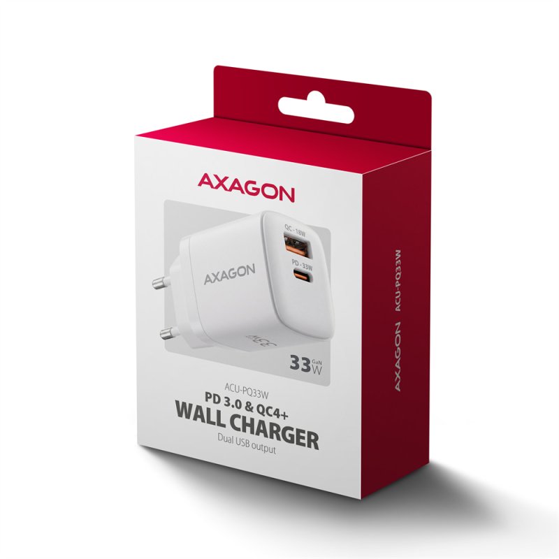 AXAGON ACU-PQ33W, GaN nabíječka do sítě 33W, USB-A + USB-C, PD3.0 / PPS / QC4+ / SFC2.0 / Apple, bílá - obrázek č. 3