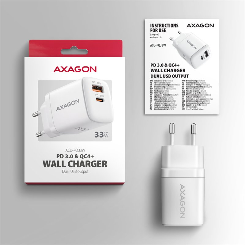 AXAGON ACU-PQ33W, GaN nabíječka do sítě 33W, USB-A + USB-C, PD3.0 / PPS / QC4+ / SFC2.0 / Apple, bílá - obrázek č. 2