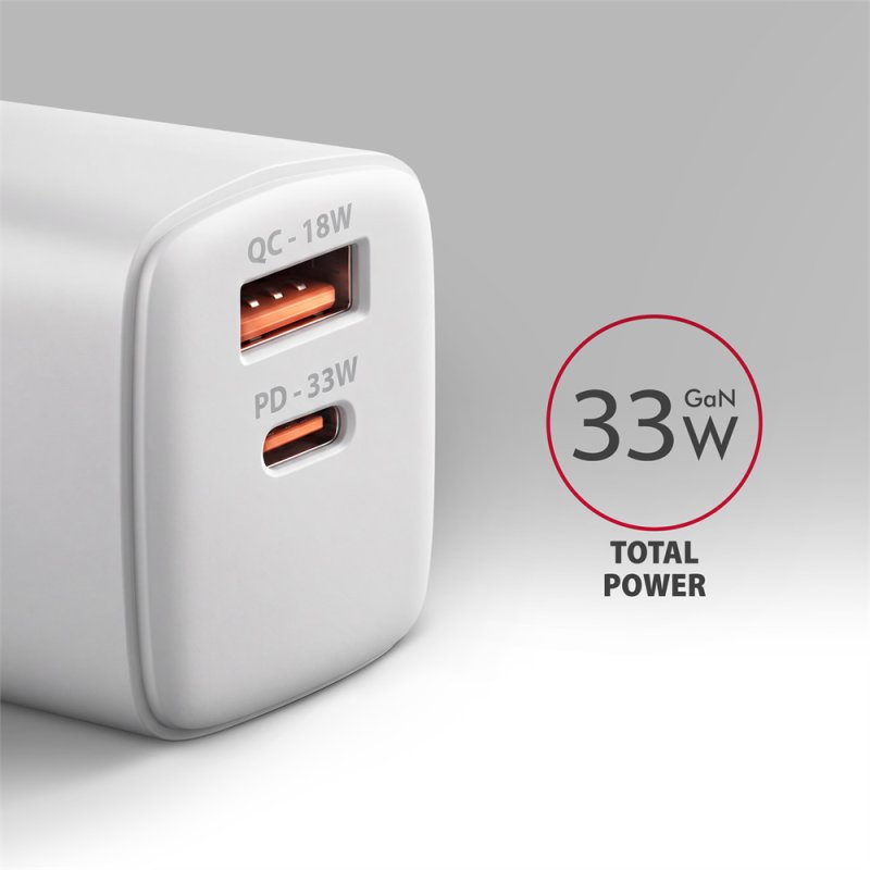 AXAGON ACU-PQ33W, GaN nabíječka do sítě 33W, USB-A + USB-C, PD3.0 / PPS / QC4+ / SFC2.0 / Apple, bílá - obrázek č. 1