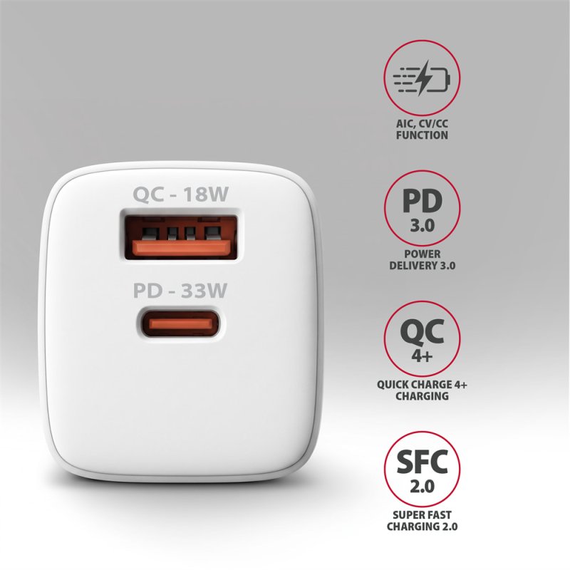 AXAGON ACU-PQ33W, GaN nabíječka do sítě 33W, USB-A + USB-C, PD3.0 / PPS / QC4+ / SFC2.0 / Apple, bílá - obrázek č. 5