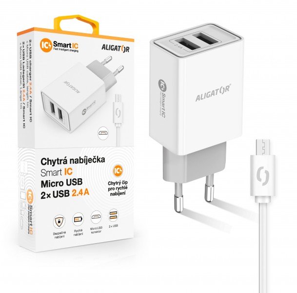 ALIGATOR Chytrá síťová nabíječka 2,4A, 2xUSB, smart IC, bílá, micro USB kabel - obrázek produktu